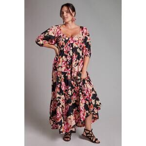 Anthropologie Black Pink Floral Blossom Maxi Dress Puff Sleeve Women's size XS